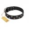 "Power-Flower" FDT Artisan Black Leather English Pointer Collar with Two Rows of Silver-like Studs with Engraved Flowers