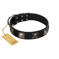 "Sea Rover" Embellished FDT Artisan Black Leather English Pointer Collar with Chrome Plated Crossbones and Plates