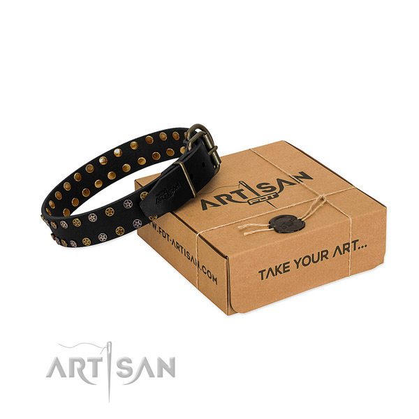 Remarkable natural leather dog collar with corrosion proof adornments