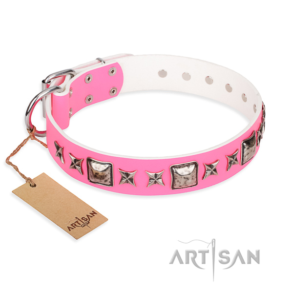 Leather dog collar made of flexible material with corrosion resistant D-ring