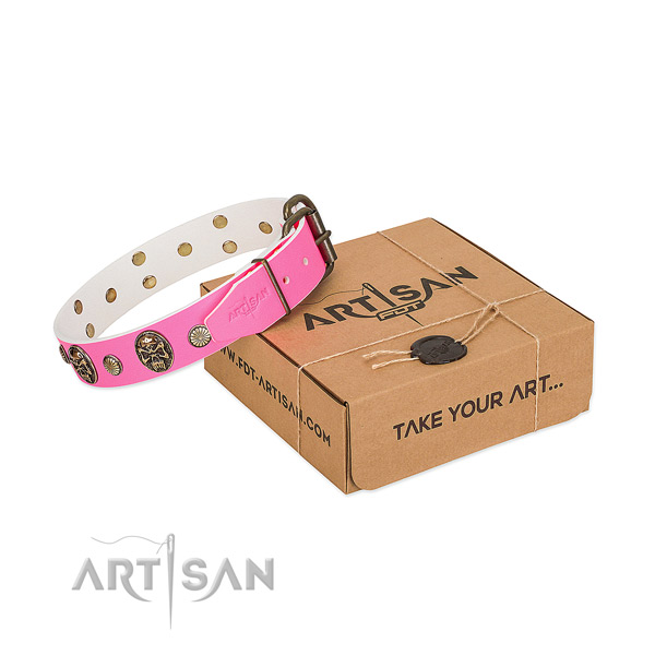 Reliable D-ring on full grain leather dog collar for your dog