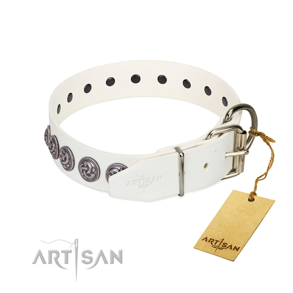 Durable hardware on full grain genuine leather dog collar for daily walking your dog