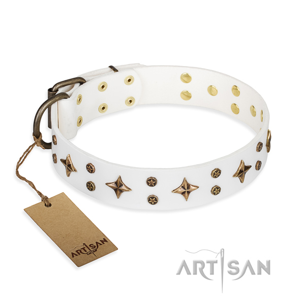 Easy wearing dog collar of durable full grain natural leather with studs
