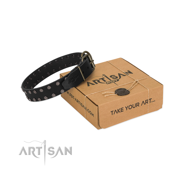 Flexible full grain genuine leather dog collar with decorations for your attractive four-legged friend