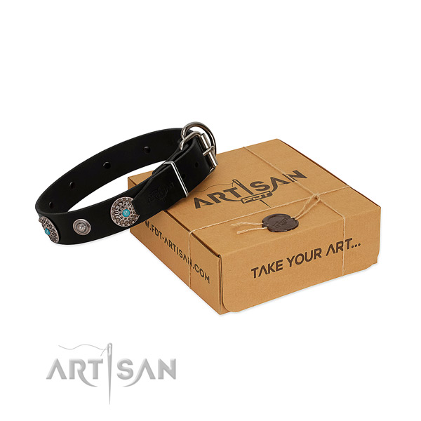 Daily walking reliable leather dog collar with decorations