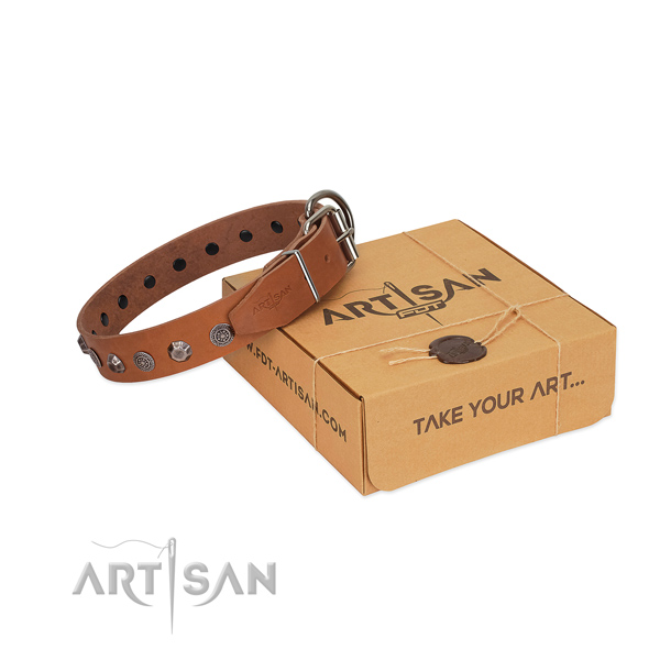 Full grain natural leather dog collar of gentle to touch material with remarkable decorations