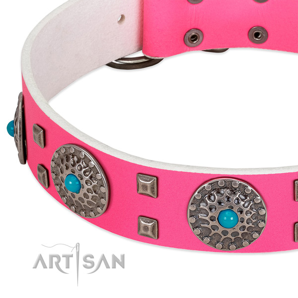 Soft genuine leather dog collar with inimitable embellishments