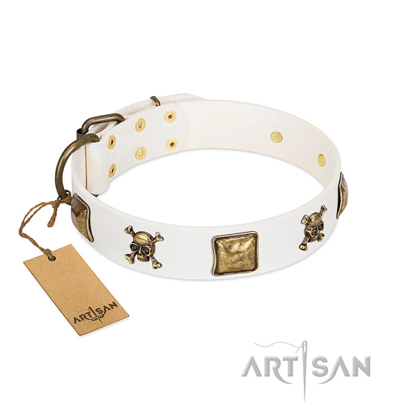 Easy wearing reliable full grain natural leather dog collar with adornments