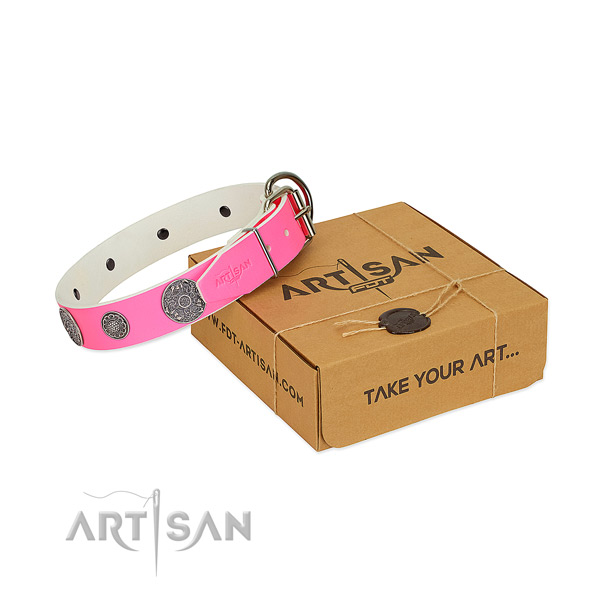 Adjustable dog collar of natural leather