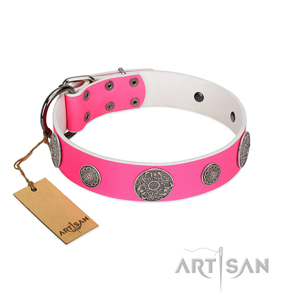 Fashionable decorated full grain natural leather dog collar