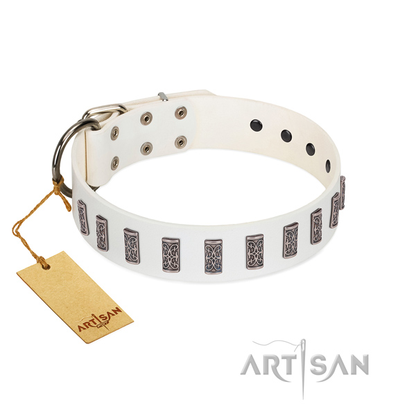 Walking soft to touch full grain genuine leather dog collar with studs