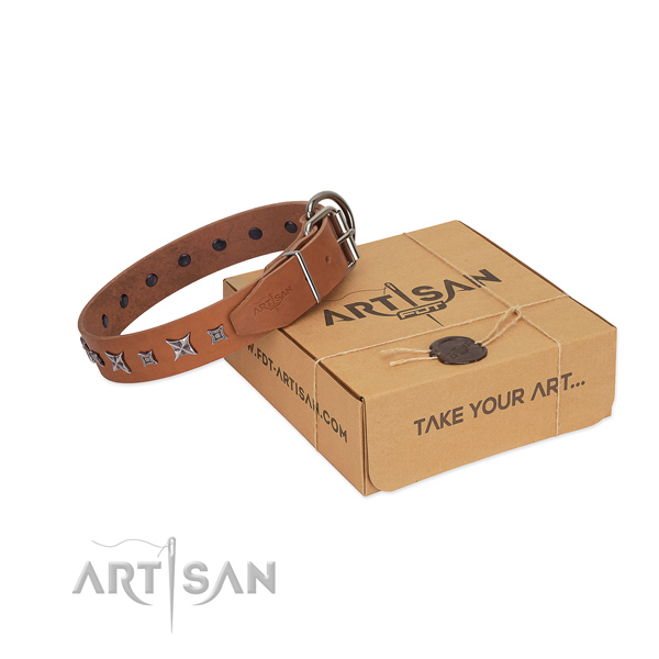 Strong full grain genuine leather dog collar with embellishments for your doggie