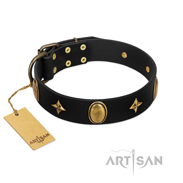 Flexible natural leather dog collar with rust-proof adornments