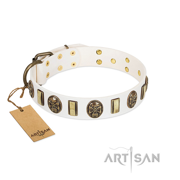 Decorated full grain genuine leather dog collar for walking