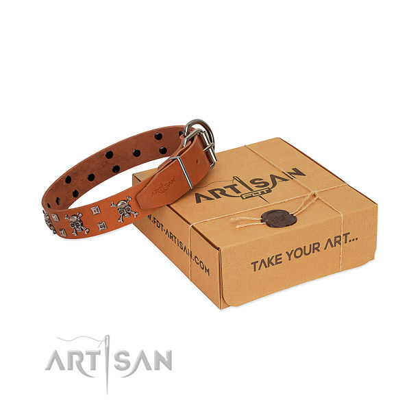 Flexible genuine leather dog collar with corrosion proof traditional buckle