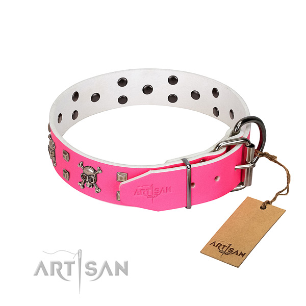 Corrosion proof fittings on full grain genuine leather dog collar