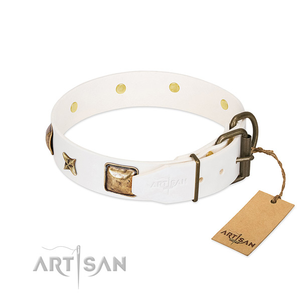 Full grain genuine leather dog collar with strong D-ring and decorations