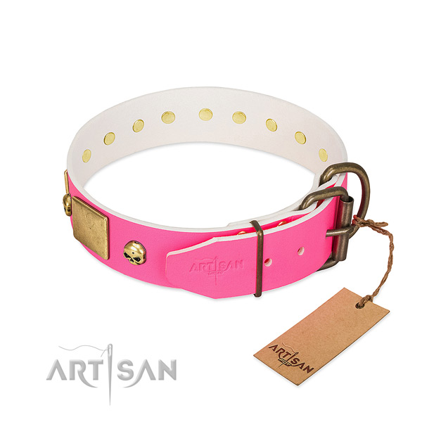 Strong natural leather dog collar with rust-proof decorations