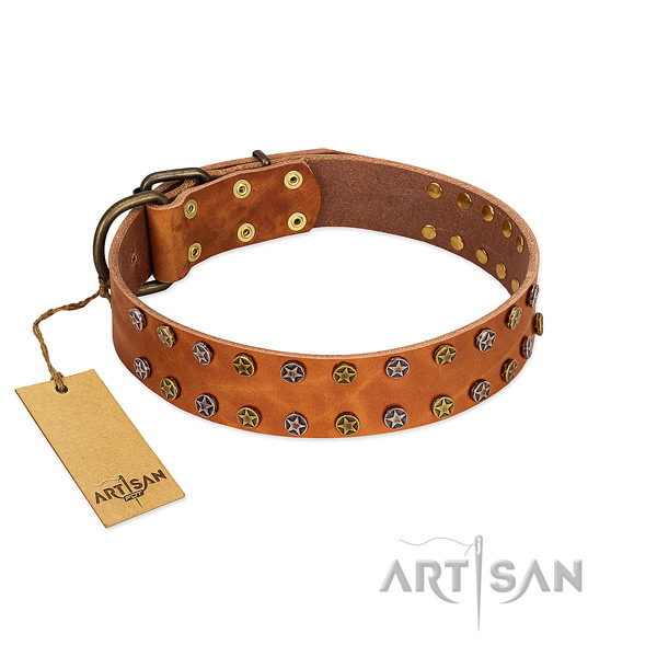 Comfortable wearing reliable full grain genuine leather dog collar with adornments