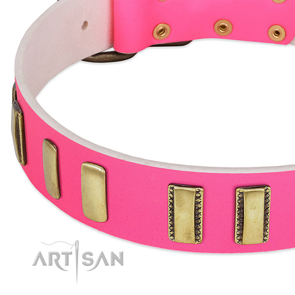 Top rate full grain genuine leather dog collar with decorations for fancy walking