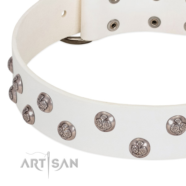 Leather dog collar with durable D-ring and decorations