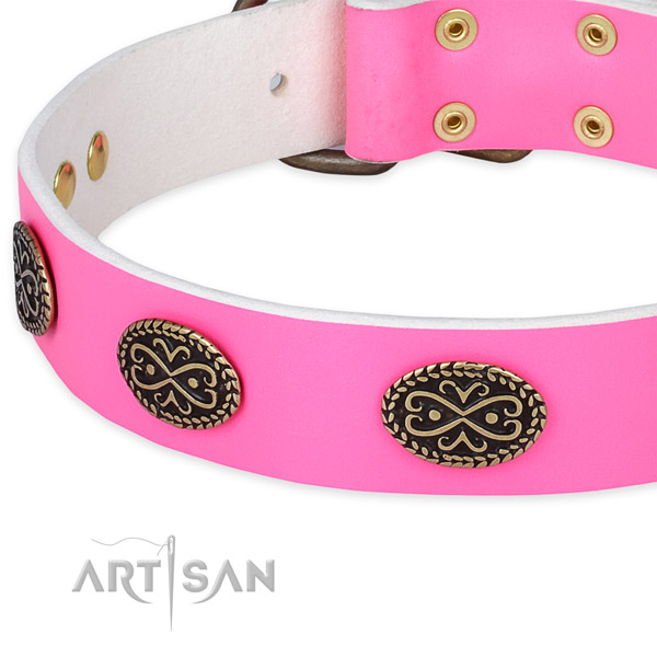 Full grain natural leather dog collar with decorations for walking