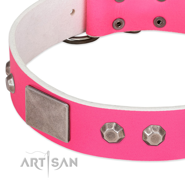 Flexible full grain genuine leather dog collar with studs