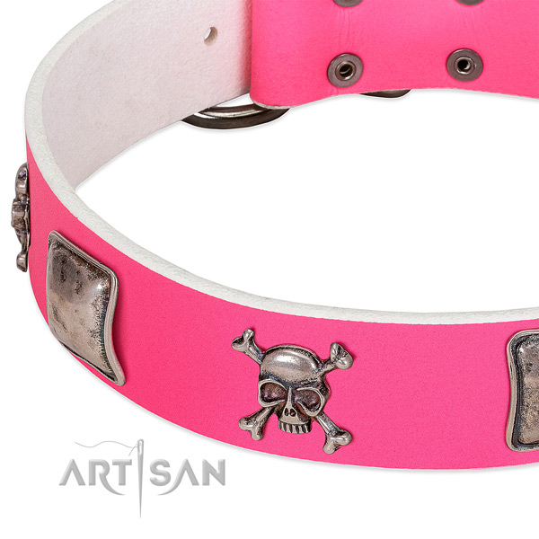 Corrosion resistant buckle on full grain genuine leather dog collar for walking