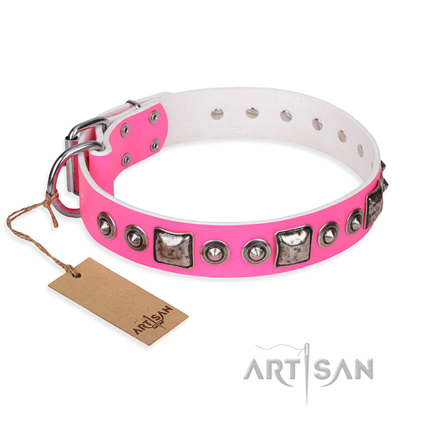 Leather dog collar made of gentle to touch material with corrosion proof hardware