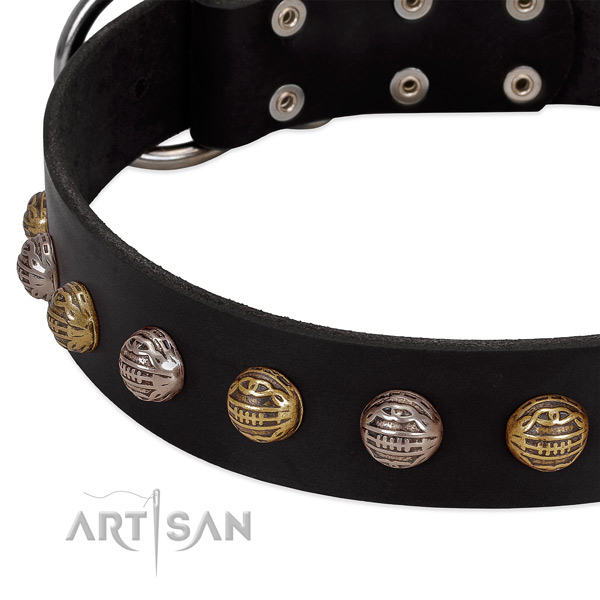 Full grain genuine leather dog collar with strong traditional buckle and decorations