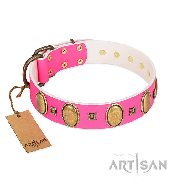 Soft leather dog collar with decorations for handy use
