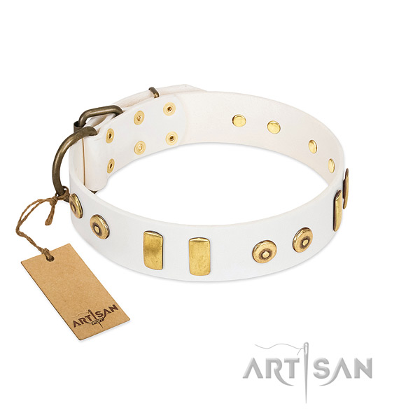 Genuine leather dog collar with top notch embellishments for comfortable wearing