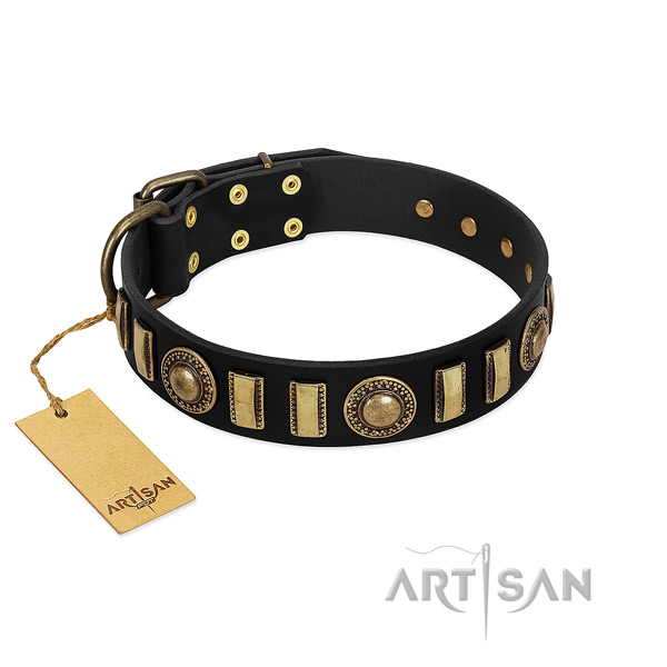 Strong full grain genuine leather dog collar with durable fittings
