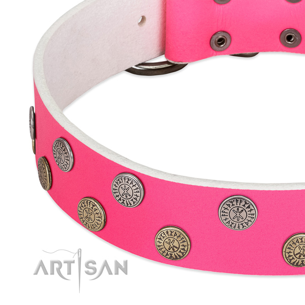 Gentle to touch full grain natural leather dog collar with decorations for easy wearing
