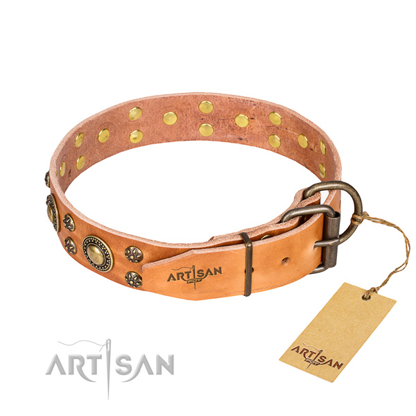 Comfy wearing decorated dog collar of high quality natural leather