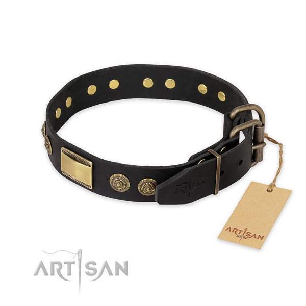 Rust resistant D-ring on full grain leather collar for stylish walking your pet