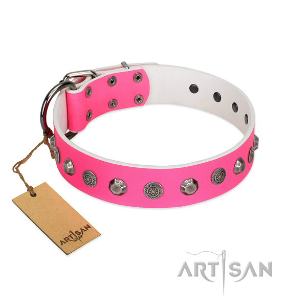 Full grain natural leather dog collar of soft to touch material with unique embellishments