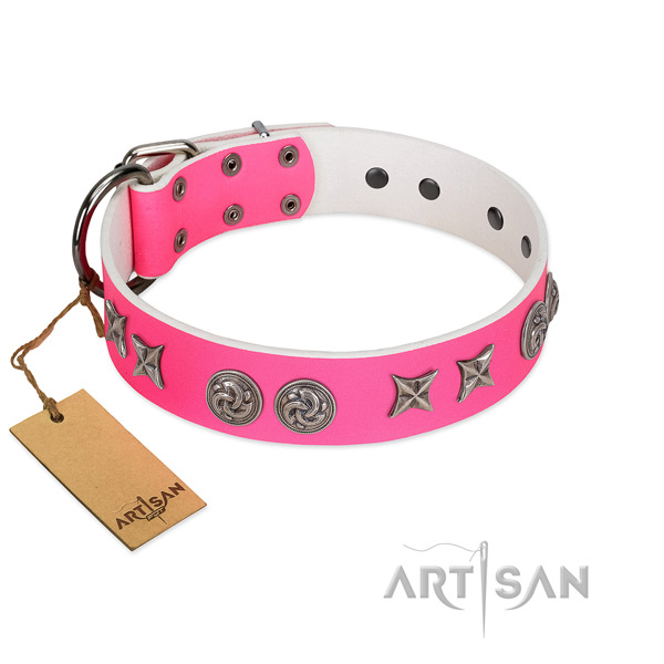 Durable fittings on convenient full grain genuine leather dog collar