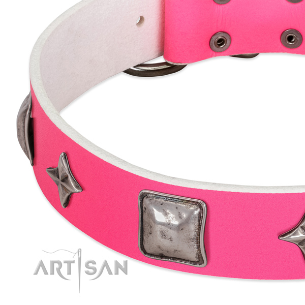 Everyday use genuine leather dog collar with exquisite adornments