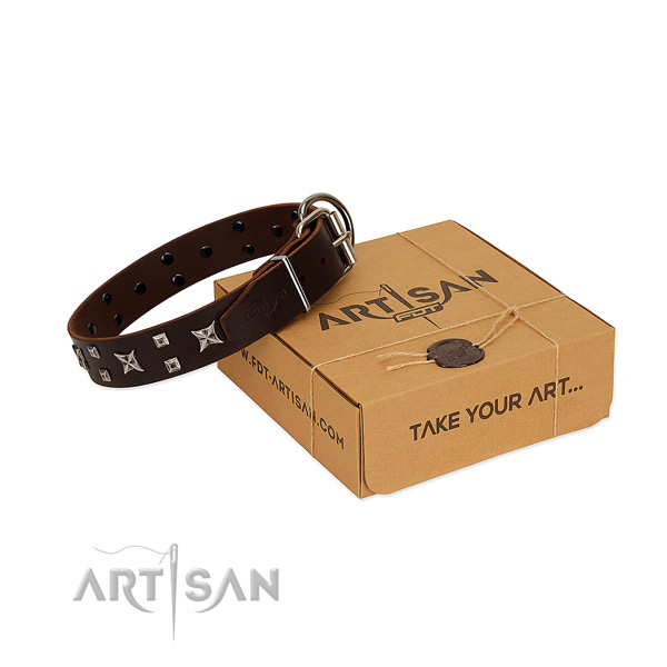 Full grain leather dog collar with designer studs for comfortable wearing