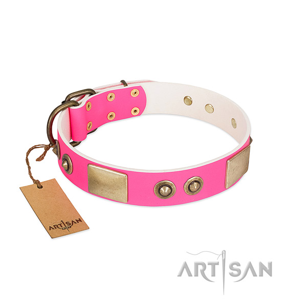 Reliable D-ring on full grain natural leather dog collar for your four-legged friend
