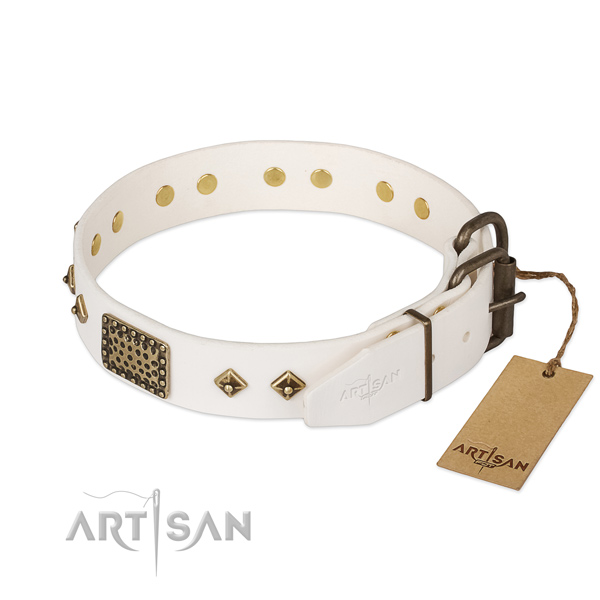 Full grain genuine leather dog collar with strong traditional buckle and embellishments
