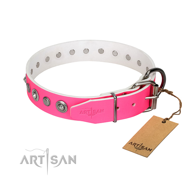 Strong full grain genuine leather dog collar with stylish decorations