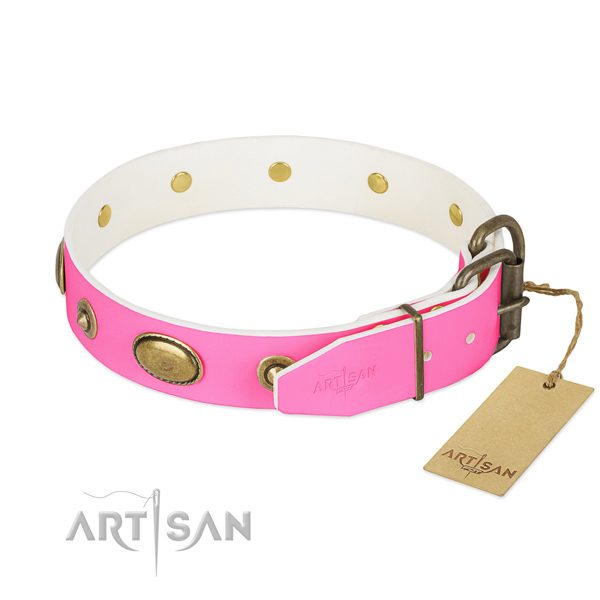 Rust-proof D-ring on genuine leather dog collar for your doggie