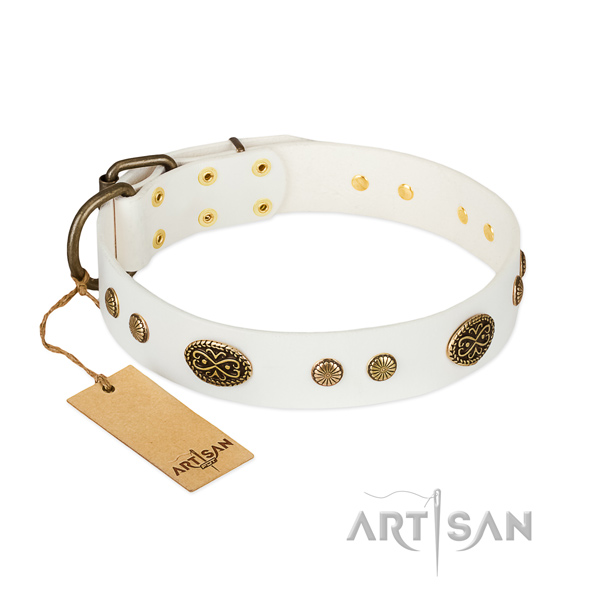 Strong traditional buckle on full grain natural leather dog collar for your canine