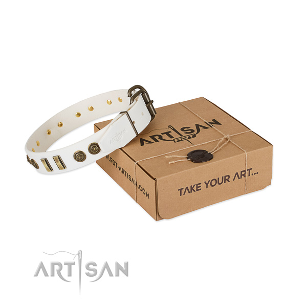 Corrosion resistant embellishments on full grain natural leather dog collar for your pet