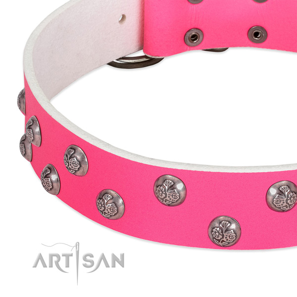 Natural genuine leather dog collar with rust resistant traditional buckle and decorations
