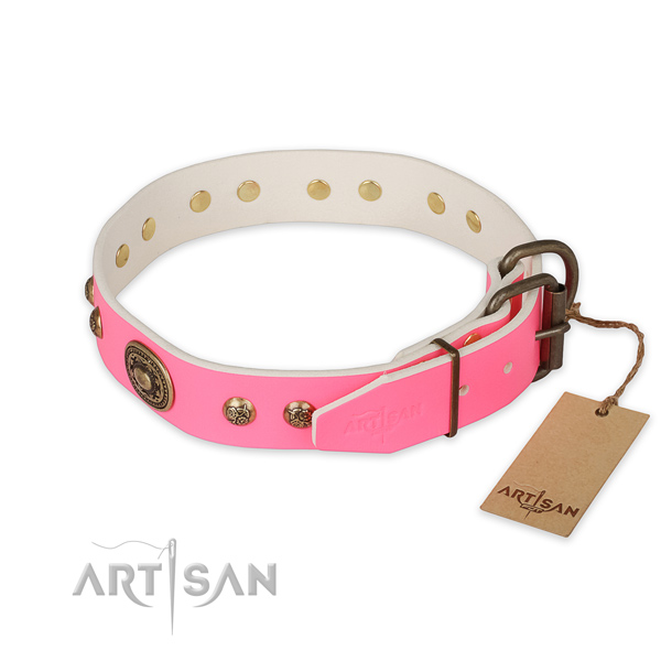 Rust-proof hardware on natural genuine leather collar for stylish walking your canine