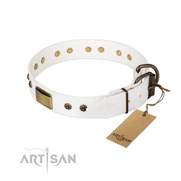 Full grain leather dog collar with rust resistant traditional buckle and embellishments