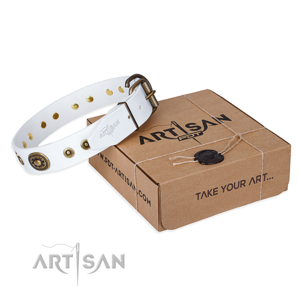 Full grain genuine leather dog collar made of reliable material with corrosion resistant traditional buckle